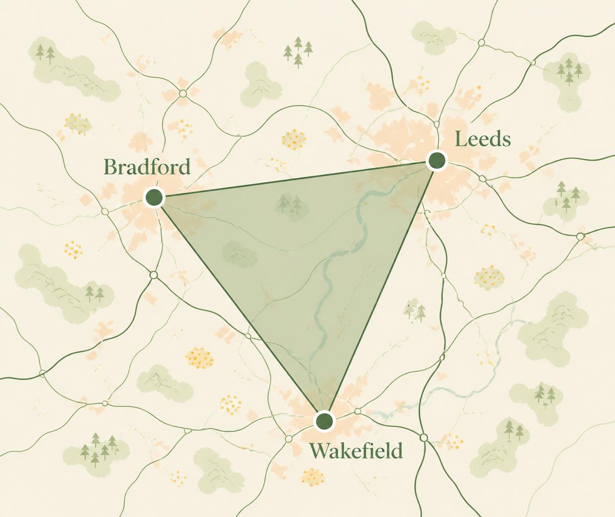 Illustrated map of the Leeds, Bradford and Wakefield triangle in West Yorkshire